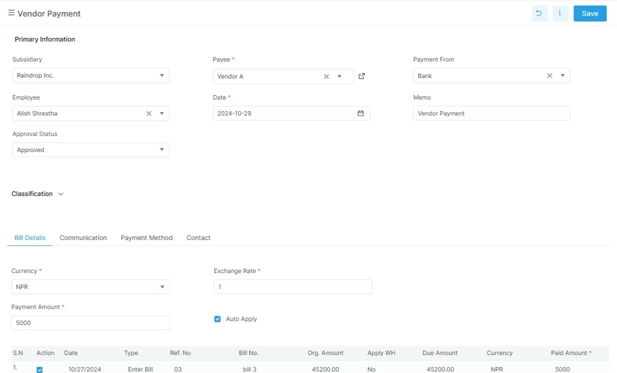 Vendor payment screen