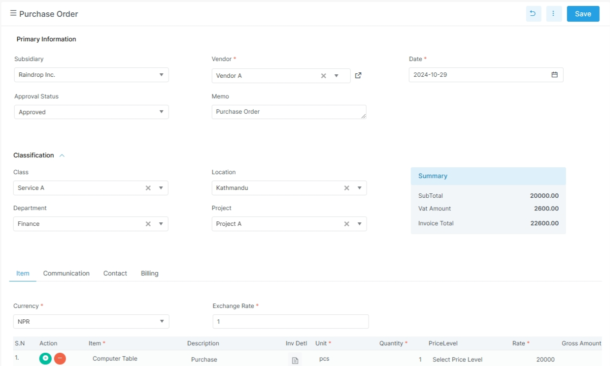 Purchase order screen