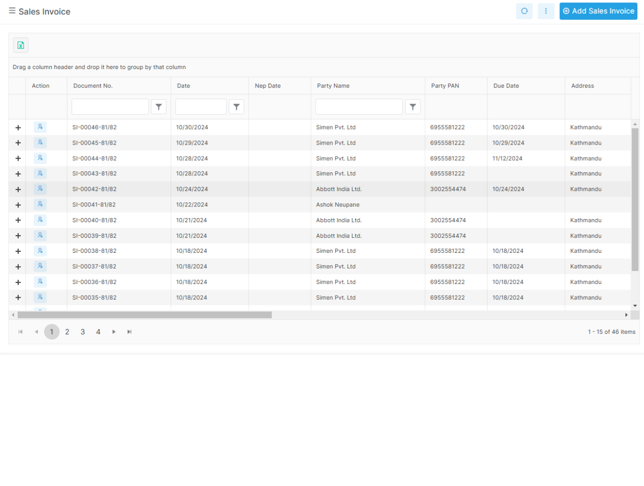 Sales invoice list