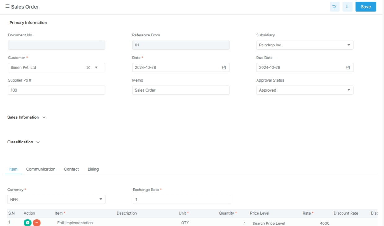 Sales order screen